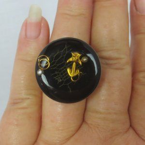 New Handcrafted Vintage Button Steampunk Cat Ring